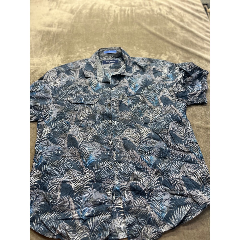 Tommy Bahama Mens Blue Grey Tropical‎ Palm Leaf Print Button Down Shirt Large